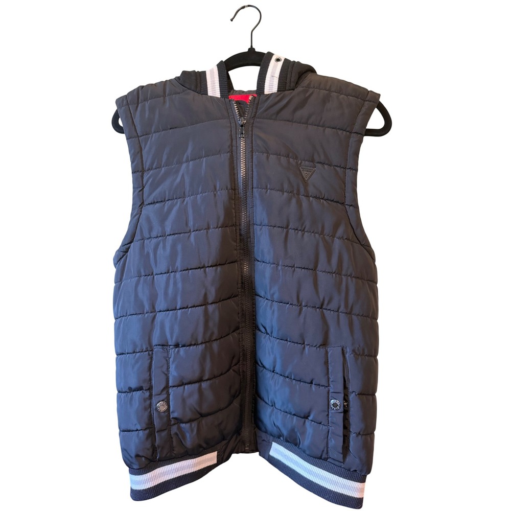 Guess Los Angeles Puffer Vest Black Quilted Hooded Varsity Trim Womens Small